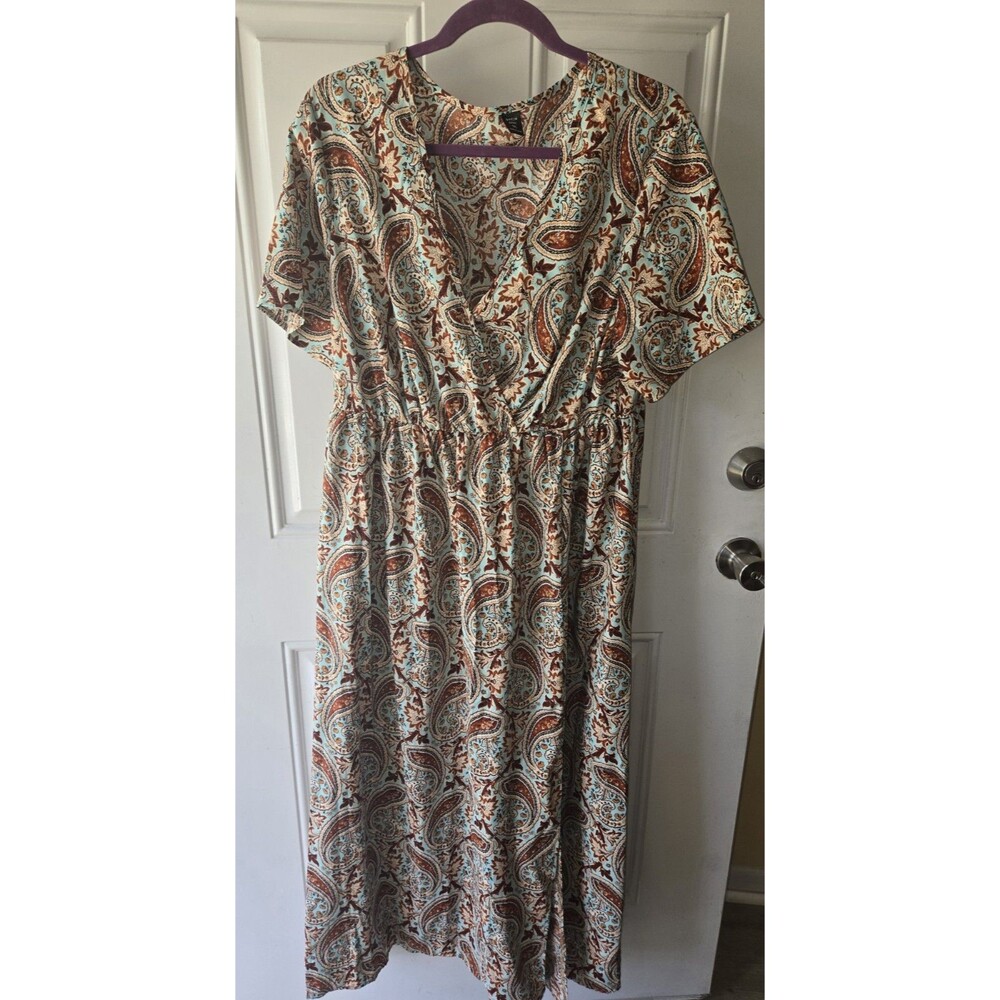 Shein Curve Maxi Long Paisley Summer Short Sleeve Faux Wrap Style Dress Sz 1XL